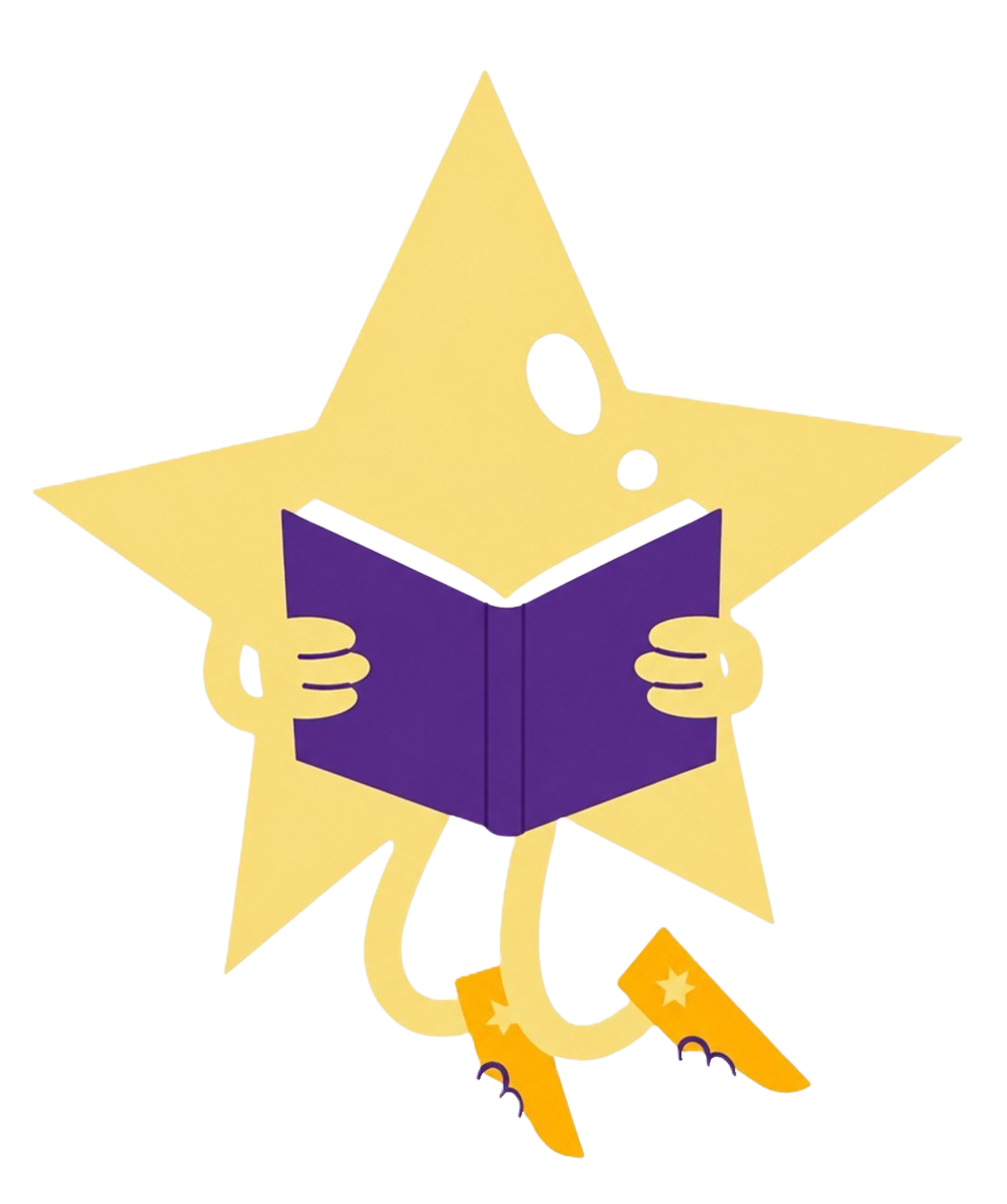 Illustration of a yellow star character holding and reading and open purple book.