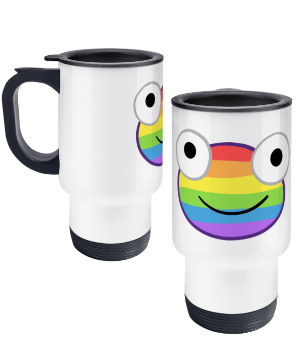 Travel mug with rainbow frog design
