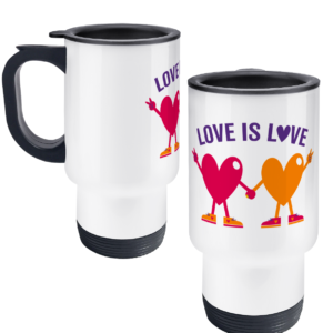 Travel mug with "love is love" design