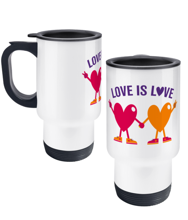 Travel mug with "love is love" design