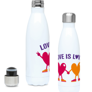 Water bottle with "love is love" design