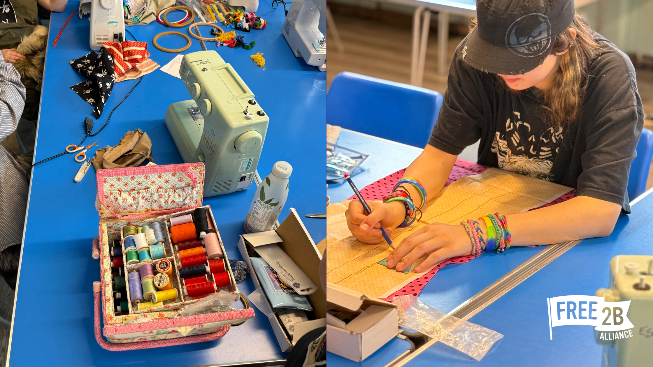 A photo of a sewing machine and a photo of a young person designing a garment
