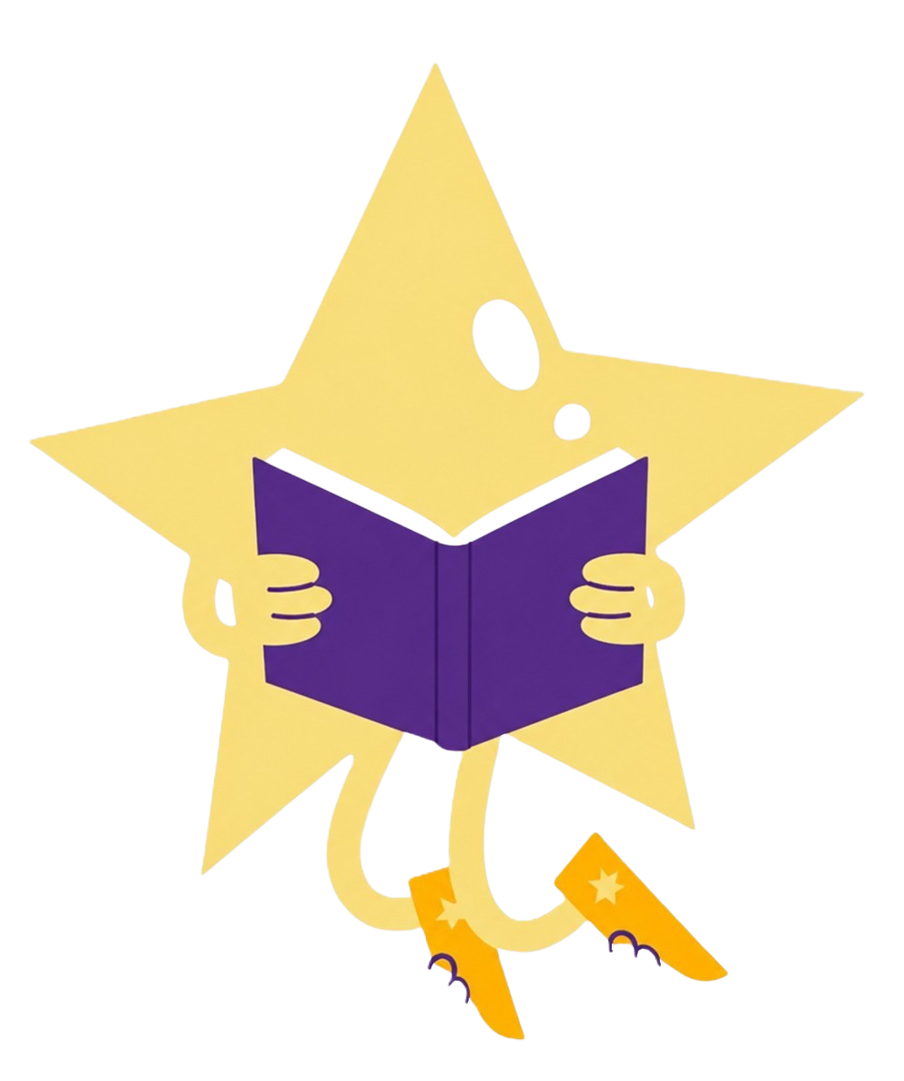 Illustration of a yellow star character holding and reading and open purple book.